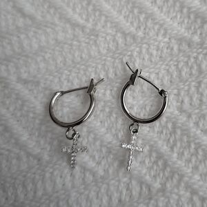 Silver Cross Hoop Dangle Earrings